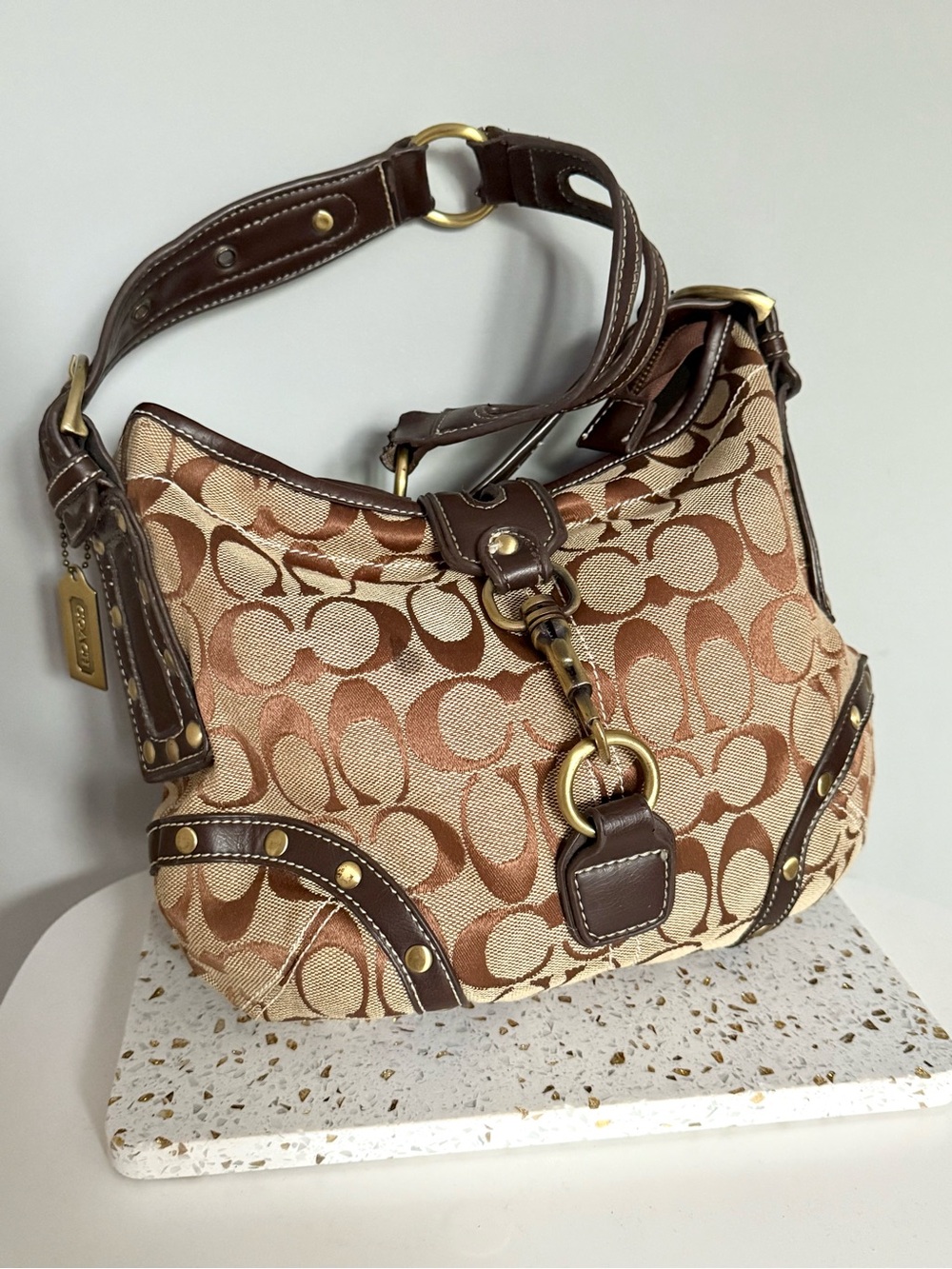 Coach Brown Signature Canvas Hobo with Leather Trim